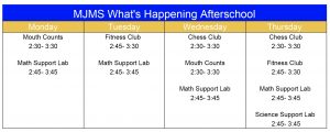After school activities throughout the week. See "After School Activities" page for more information