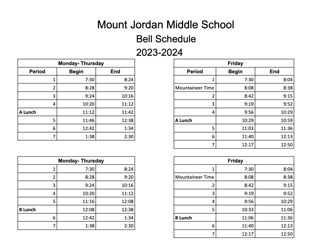 Mount Jordan Middle School Bell Schedule 23-24