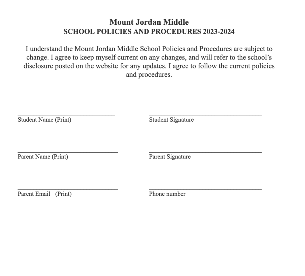 Mount Jordan Middle School SCHOOL POLICIES AND PROCEDURES 2023-2024