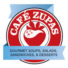 Cafe Zupas Strawberry Logo with text stating gourmet soups, salads, sandwiches, & desserts